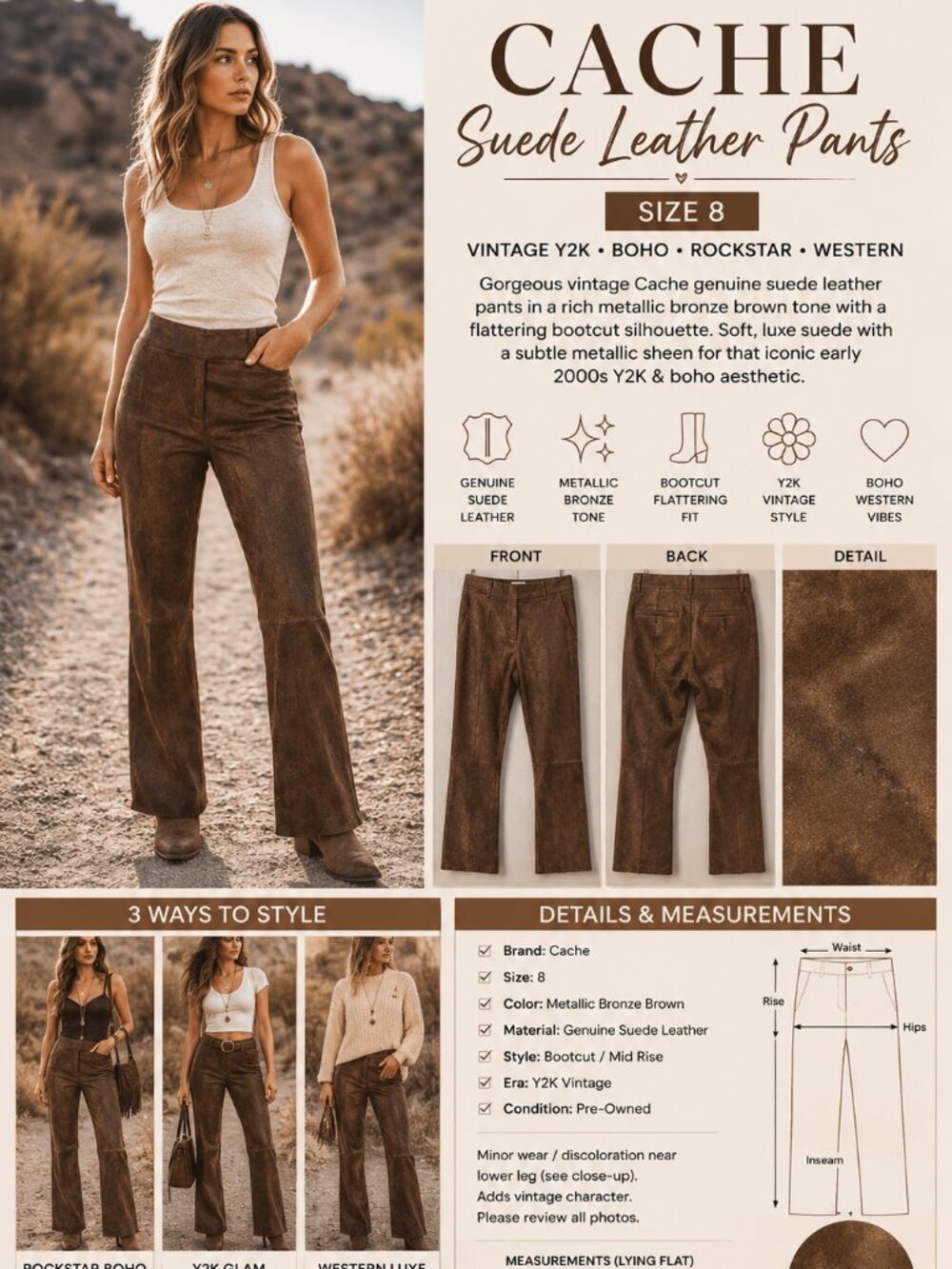 Cache Suede Leather Pants Womens 8 Bronze Brown Bootcut Y2K Boho Vintage